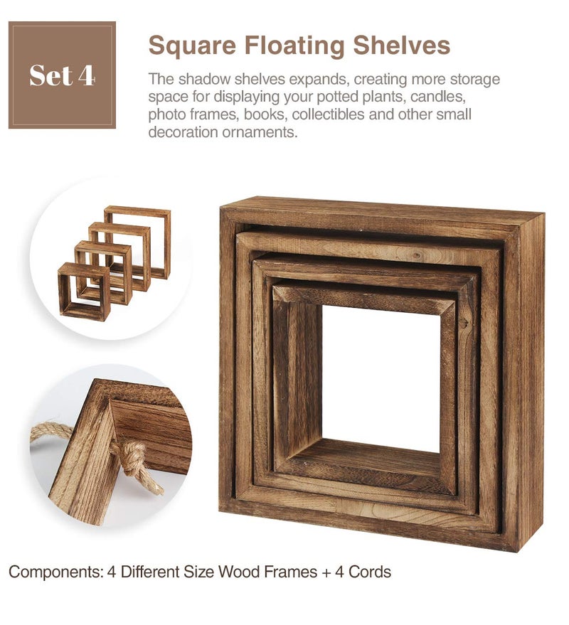 J JACKCUBE DESIGN Floating Hanging Square Shelves Wall Mounted Rustic Wood Cube Display Shelf Shadow Boxes Decorative Boho Home DÃ©cor for Living Room, Bedroom, Office, Set of 4 (Brown) - MK571B - Image 2
